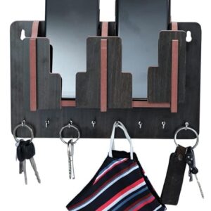 Steel Furniture Handmade Wooden Wall Mounted Mobile Stand & Holder with Charging Slot | Elegant and Functional Phone Organizer for Home or Office | Stylish Space-Saving Design (Black-1)