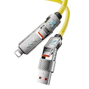 4 in 1 Type C Cable,240W C Type Fast Charging Cable,27W USB to Light-ning 5Ft Braided Zinc Alloy with E-Marker & Breathing light USB C/USB/Light-ning Port for iPhone 16/15(Yellow)