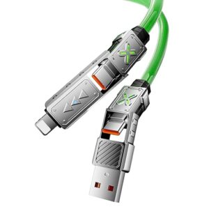 4 in 1 Type C Cable, 240W C Type Cable Fast Charging Cable, 27W USB C to Light-ning Cable, 4.9Ft Braided Zinc Alloy with E-Marker & Breathing light, USB C/USB/Light-ning Port for iPhone 16/15-Green