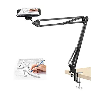 Overhead Video Tabletop Stand Phone Holder, Metal Long Lazy Arm and Bracket for All Mobiles Phone, for Streaming ,Overhead Video,Desktop,Bedroom, Office, Black