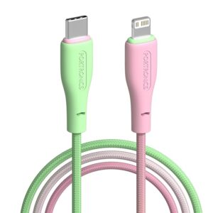 Hue X 20W Dual Tone Colour Type C to 8 Pin Fast Charging Cable for iPhones,iPads, Laptops & Other 8 Pin Devices, 480Mbps Data Sync, Premium Braided Cable (Green+Pink)