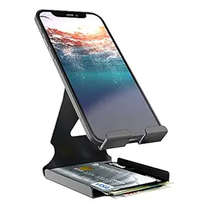 Universal Mobile Phone Tabletop Stand Holder Mount with Inbuilt Cable Organiser and Card Holder - Black