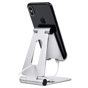 Aluminium Adjustable Mobile Phone Foldable Holder Tabletop Stand, Dock Mount for All Smartphones, Tabs, Kindle, iPad, Moonlight Silver