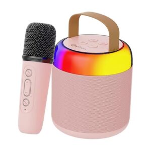 Newly Launched Fusion Bliss 16W Bluetooth Speaker with Wireless Karaoke Mic, 6H Playtime, Vibrant RGB Lights, Voice Effects, Multi-Play Modes BT5.3/TF Card & Type-C Charging Port (Light Pink)