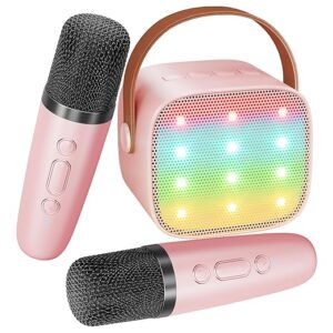 Mic with Speaker for Kids Adults - Portable Bluetooth Speaker with 2 Wireless Microphones  Mini Karaoke Machine Set for Singing Ages 4-14+ Years Old Birthday Gifts(Light Pink)