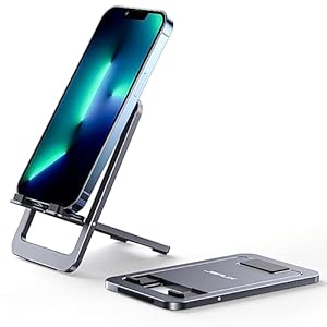 Universal Mobile Holder Stand, Foldable Aluminum Adjustable Phone Holder for Office Desk Smart Gadgets, Desk Portable Travel Holder, Compatible for iPhone 15 14 Pro Max, Samsung S24 S23, Grey