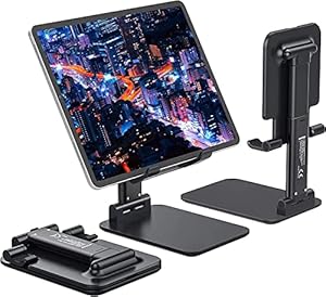 Tabletop Adjustable Cell Phone Stand, Foldable Portable Phone Holder Stand with Height Adjustable Cradle, Stable and Easy to Use Compatible for All 4-8 inches Smartphones (Black)