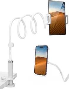 360 Adjustable Mobile Phone Holder, Universal Phone Holder Clip Lazy Bracket Flexible Gooseneck Clamp Long Arms Mount for Mobile Tabletop Stand for Bedroom, Office, Home - White