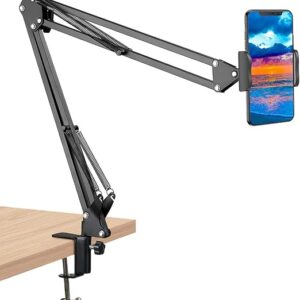 Adjustable Overhead Mobile Phone Holder with Long Arm for Video Recording, Streaming, Office Use, Cooking, Crafting Videos Compatible with Devices Up to 4-7 Inches (Black)